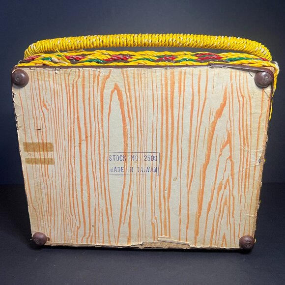 Vintage Sears Yellow & Brown Woven Wicker Hinged Lid Sewing Basket Box w/ Handle - Picture 11 of 11